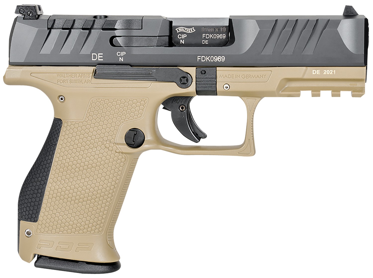 WALTHER PDP COMPACT, 9MM 4" FDE FRAME/BLK SLIDE, O/R, 15RDS