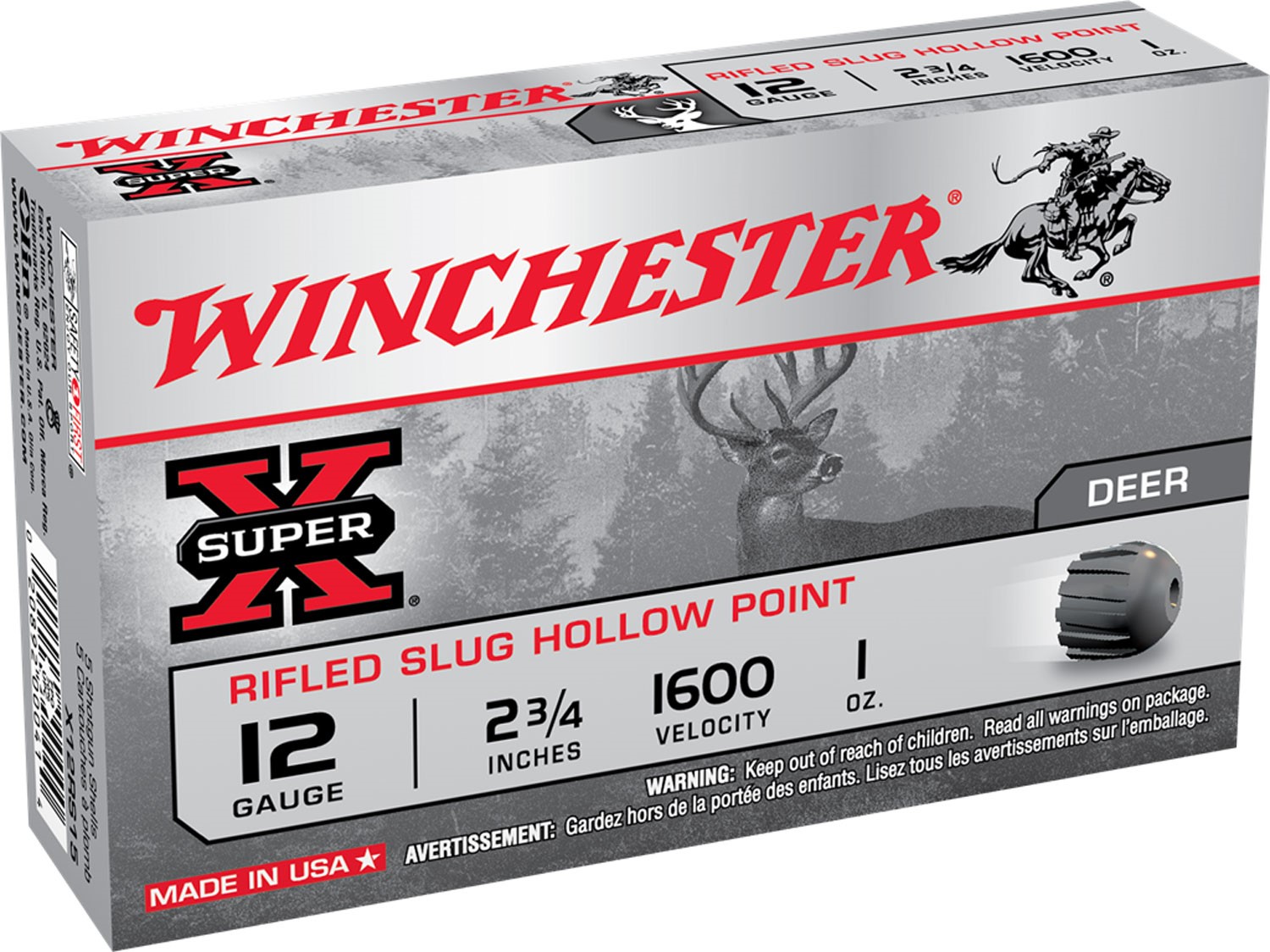 WINCHESTER #X12RS15 12G 2 3/4 1OZ RIFLED HOLLOW POINT SLUG, 5RDS