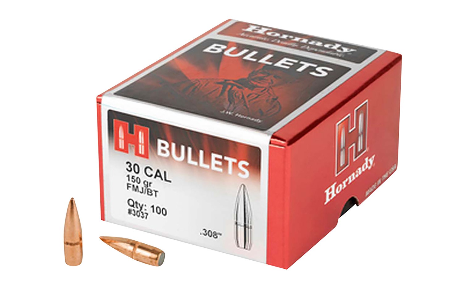 HORNADY #3037 .308 FMJBT BULLETS, 100EA