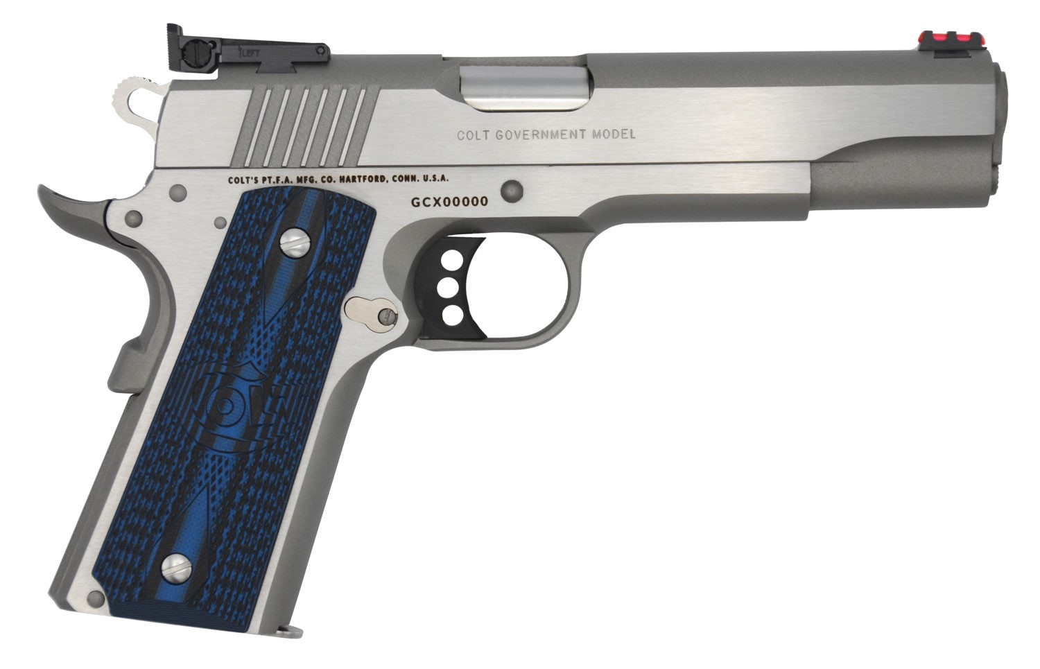 COLT 1911 GOLD CUP 38SUPER, 5", 9RDS, S/S, G10 BLUE/BLK GRIPS, F/O SITES