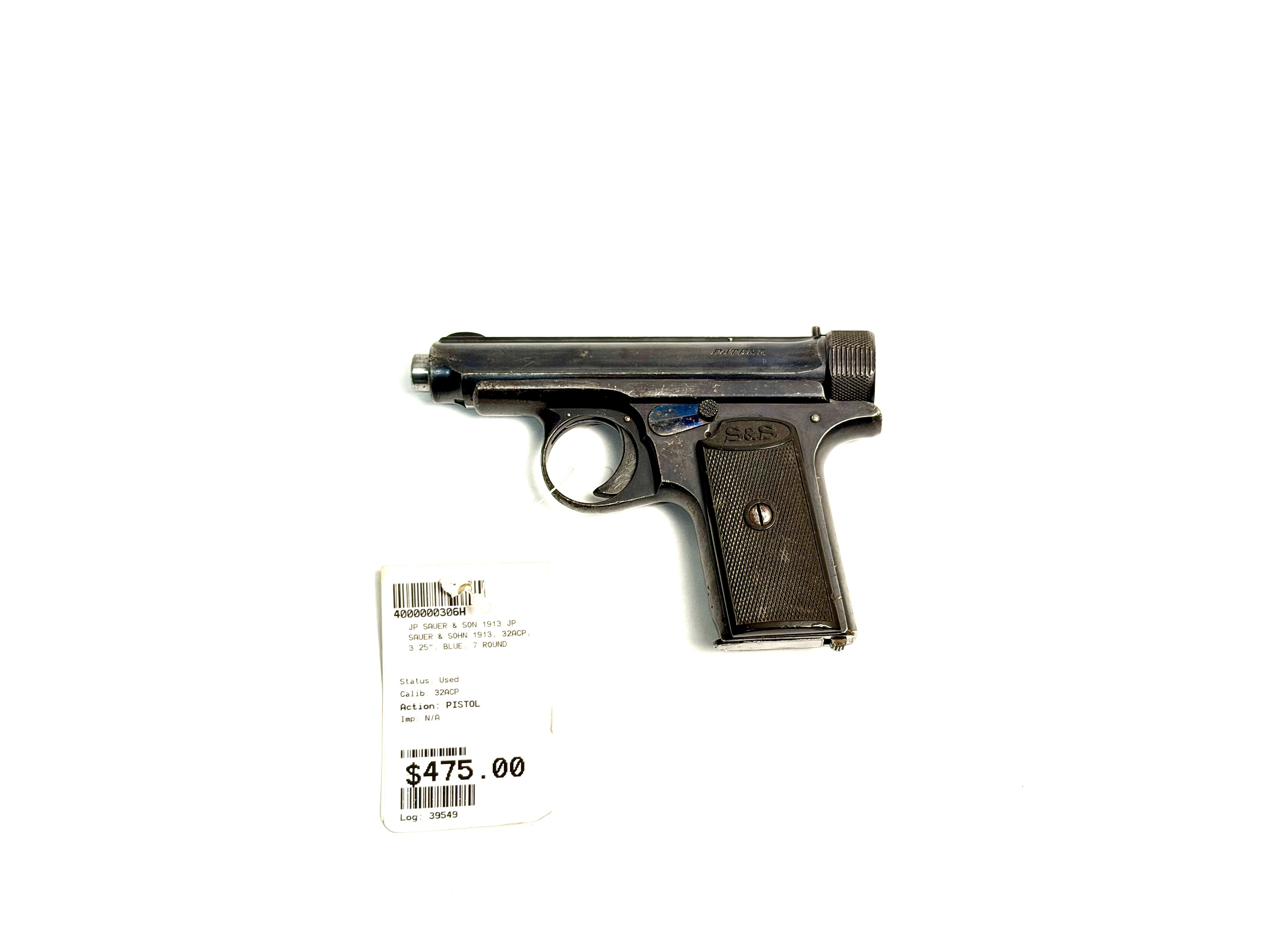 JP SAUER AND SOHN 1913, 32ACP, 3.25", BLUE, 7RD MAG, USED