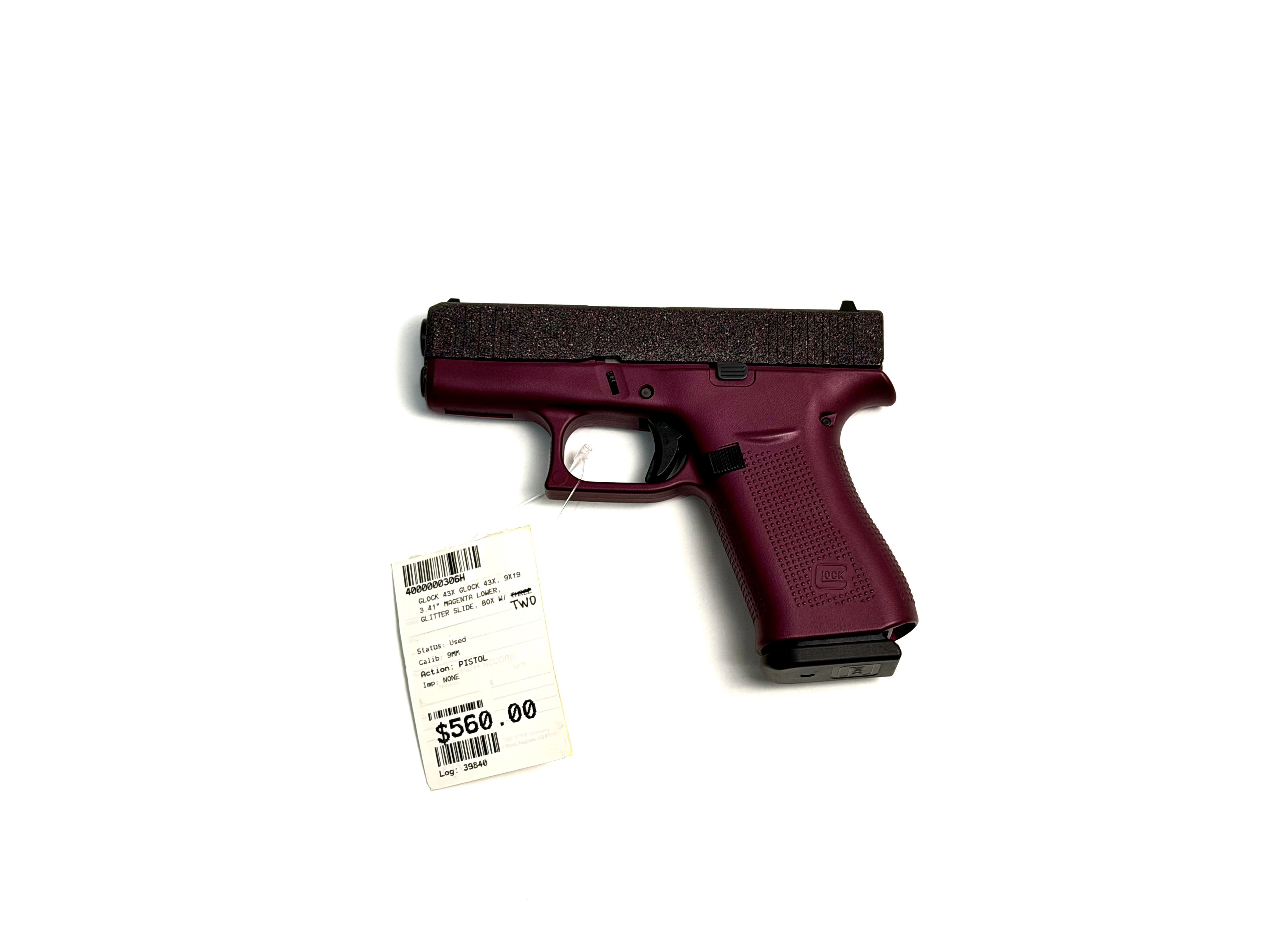 GLOCK 43X, 9MM, 3.41", MAGENTA LOWER, GLITTER SLIDE, BOZ W/ 2 MAGS GLOCK 43X, 9MM, 3.41", MAGENTA LOWER, GLITTER SLIDE, BOZ W/ 2 MAGS