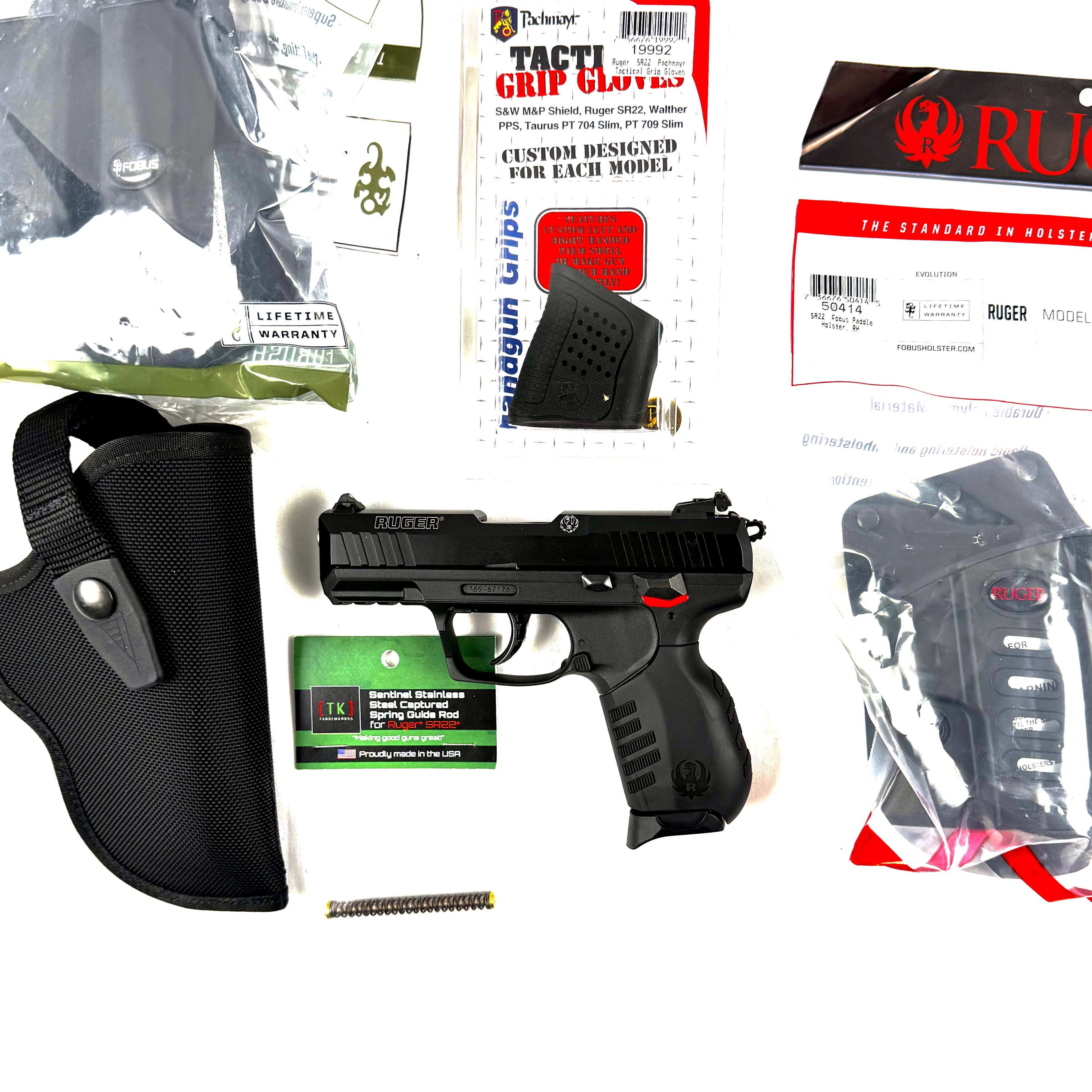 RUGER SR22P, 22LR, 3.5", W/ 2 MAGS,2 HOLSTERS, 2 MAG HOLSTERS, 1 RUBBER GRIP, EXTRA GUIDE ROD, USED