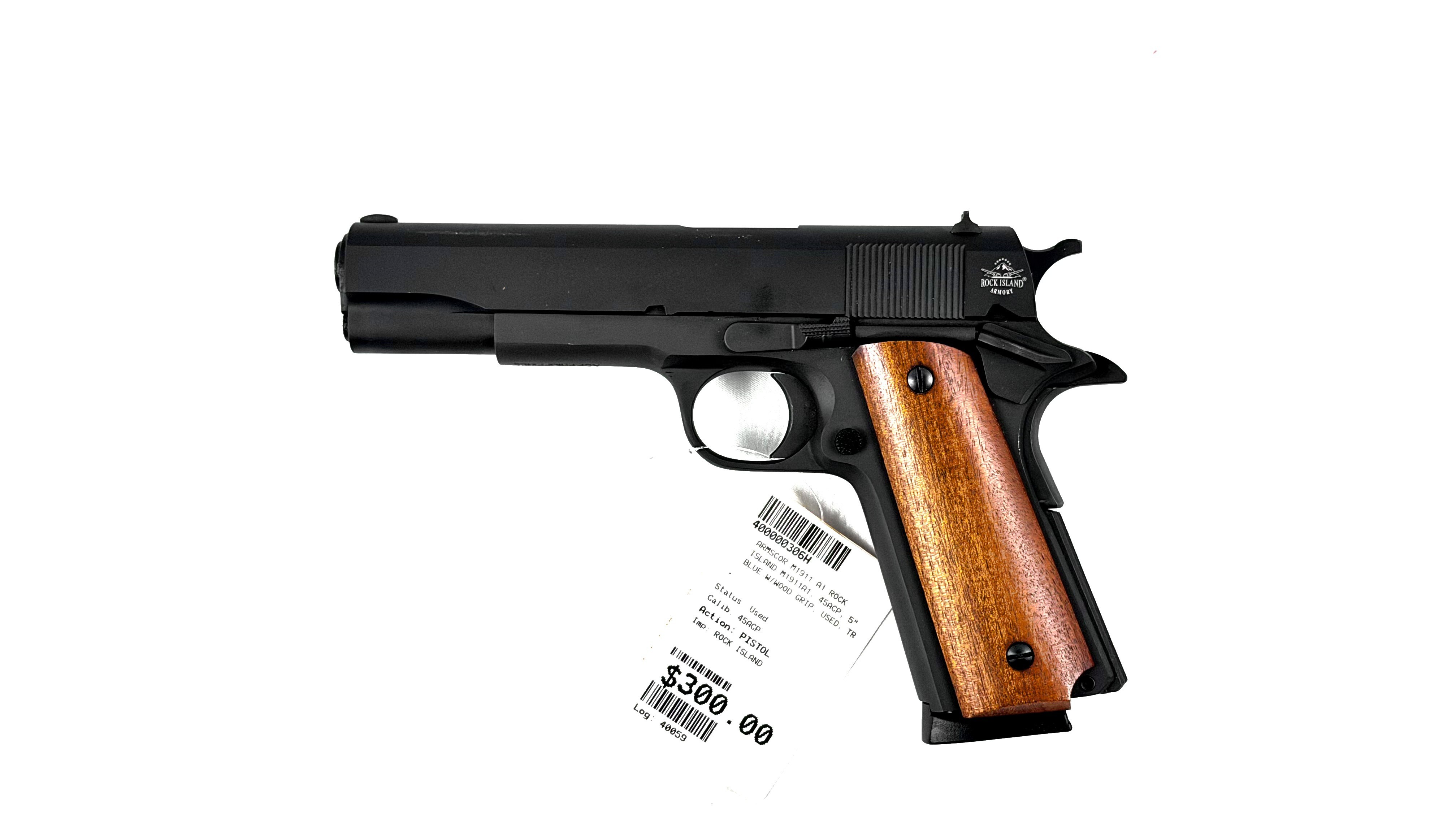 ARMSCOR/ROCK ISLAND M1911A1, 45ACP, 5", BLUE W/ WOOD GRIPS, USED