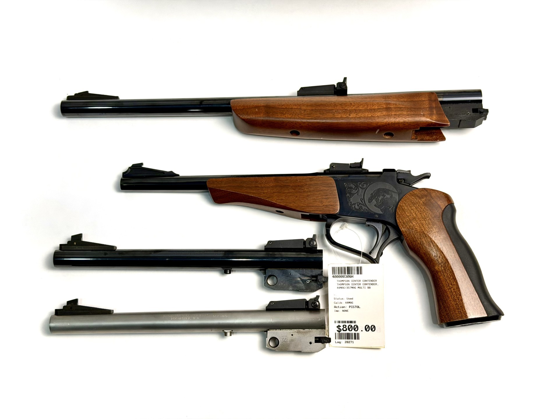 THOMPSON CENTER CONTENDER, 44MAG/357MAG/MULTI BB, USED, W/ 3 BARRELS, ORG MANUAL THOMPSON CENTER CONTENDER, 44MAG/357MAG/MULTI BB, USED, W/ 3 BARRELS, ORG MANUAL