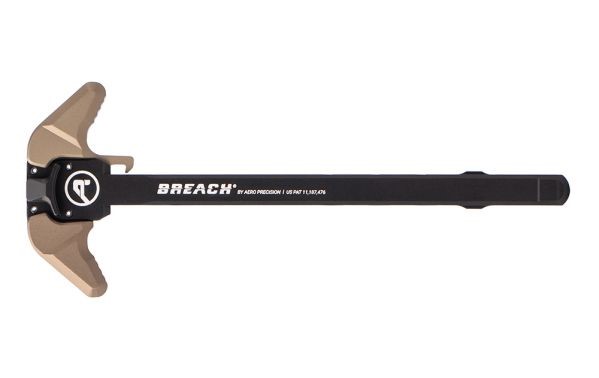AERO CHARGING HANDLE, AR15 BREACH AMBI W/LARGE LEVER, BLACK/TAN AERO CHARGING HANDLE, AR15 BREACH AMBI W/LARGE LEVER, BLACK/TAN