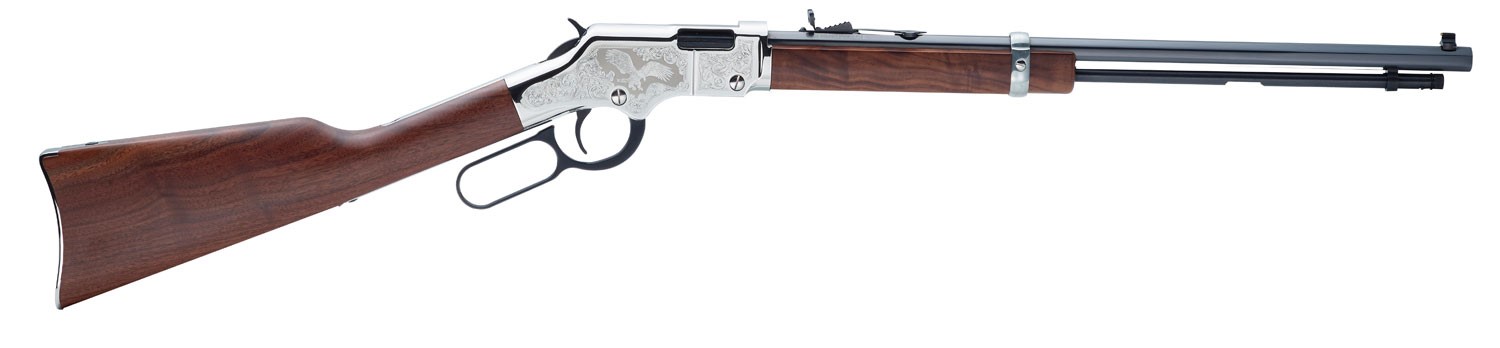 HENRY, H004SE2, SILVER EAGLE 2ND EDITION, 22 SHORT, 22 LONG OR 22 LR CALIBER, 20 INCH BULED BARRELL, NICKEL-PLATED METAL FINISH & AMERICAN WALNUT STOCK