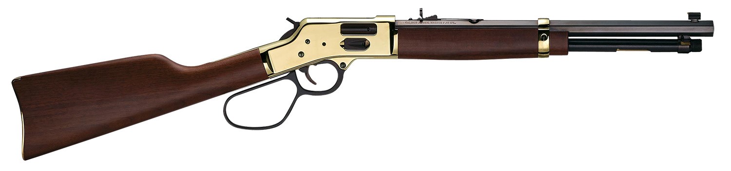 HENRY, H006GMR, SIDE GATE CARBINE, 357MAG/38SPL, 16.50 INCH BLUED OCTAGON BARREL, POLISHED BRASS REC, AMERICAN WALNUT STOCK, ADJ. SIGHT, LARGE LOOP LEVER