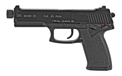 HK, Mark 23, Double Action/Single Action, Semi-automatic, Polymer Frame Pistol, Full Size, 45 ACP, 5.87" Barrel, Threaded Barrel, Matte Finish, Black, 3 Dot Sights, Decocker and Ambidextrous Safety, 12 Rounds, 2 Magazines, Ambidextrous