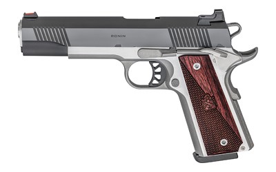 Springfield, Ronin, 1911, Single Action Only, Semi-automatic, Metal Frame Pistol, Full Size, 10MM, 5" Match Grade Barrel, Steel, Blued Slide, Wood Grips, Stainless Frame, Fiber Optic Front Sight, Tactical Rack White Dot Rear Sight, Manual Thumb Safety, 8 Springfield, Ronin, 1911, Single Action Only, Semi-automatic, Metal Frame Pistol, Full Size, 10MM, 5" Match Grade Barrel, Steel, Blued Slide, Wood Grips, Stainless Frame, Fiber Optic Front Sight, Tactical Rack White Dot Rear Sight, Manual Thumb Safety, 8