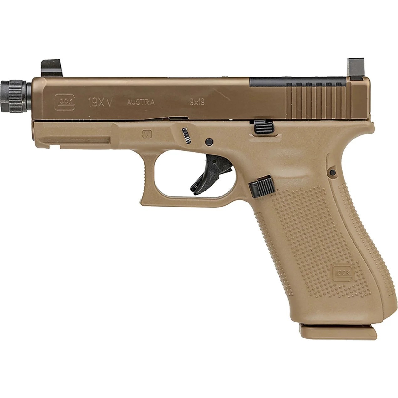 GLOCK 19XV MOS, 9MM, 4.02" THREADED BARREL, AMG HIGH SITES, FDE, 19RDS