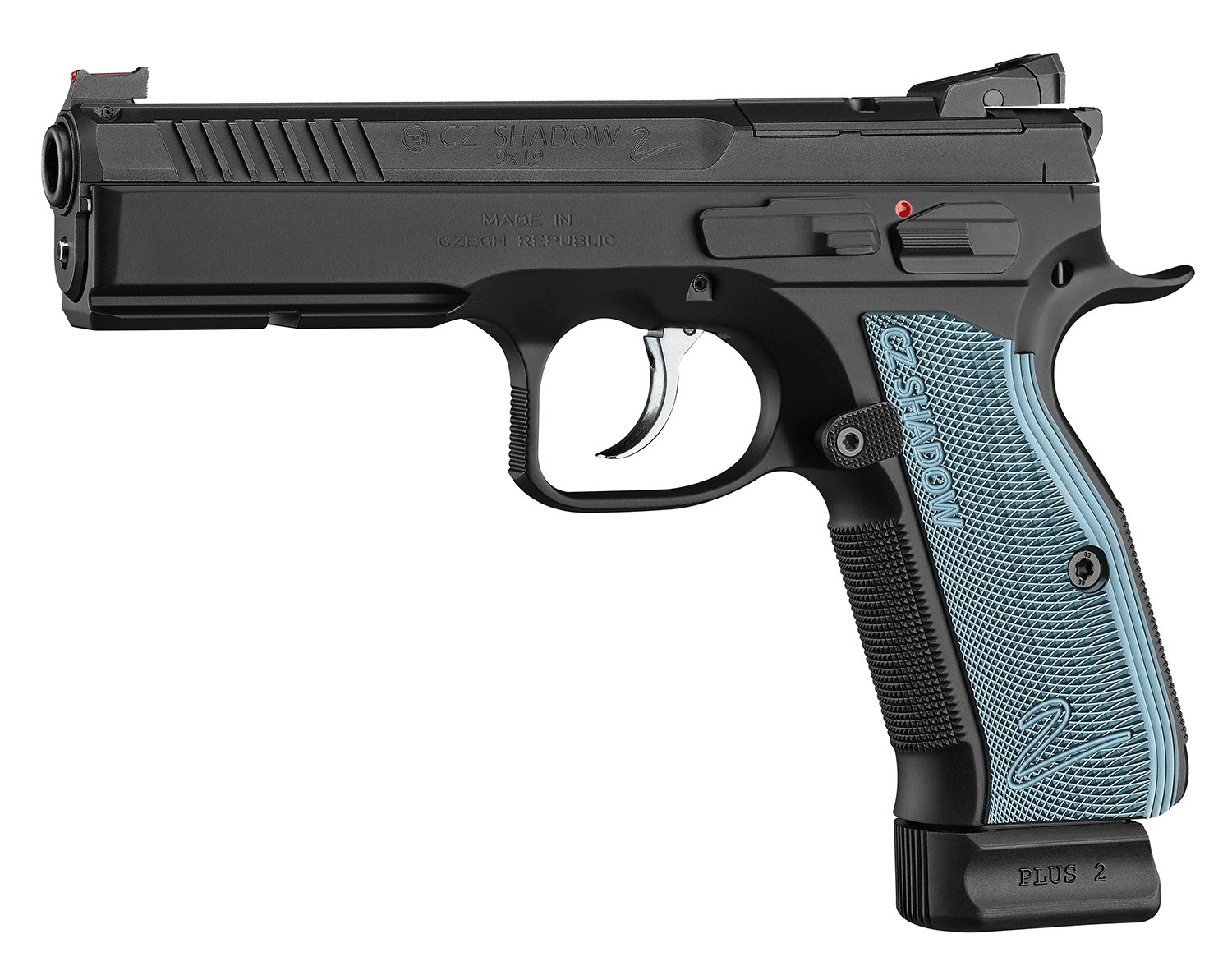 CZ SHADOW 2, 9MM, BLUE GRIPS, 17RD 4.89", FIBER OPTIC SIGHTS