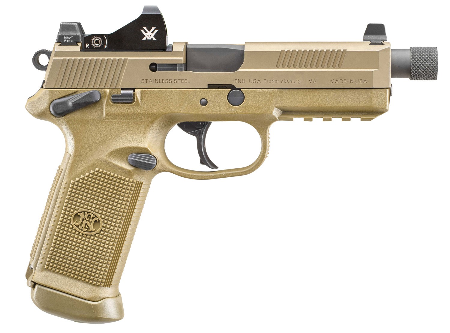 FN 66100866 FNX Tactical 45 ACP 15+1 5.30" Black Steel Threaded Barrel, Flat Dark Earth Optic Cut/Serrated Steel Slide & Polymer Frame w/Picatinny Rail, FDE Interchangeable Backstrap Grip, Vortex Viper Red Dot, Ambidextrous