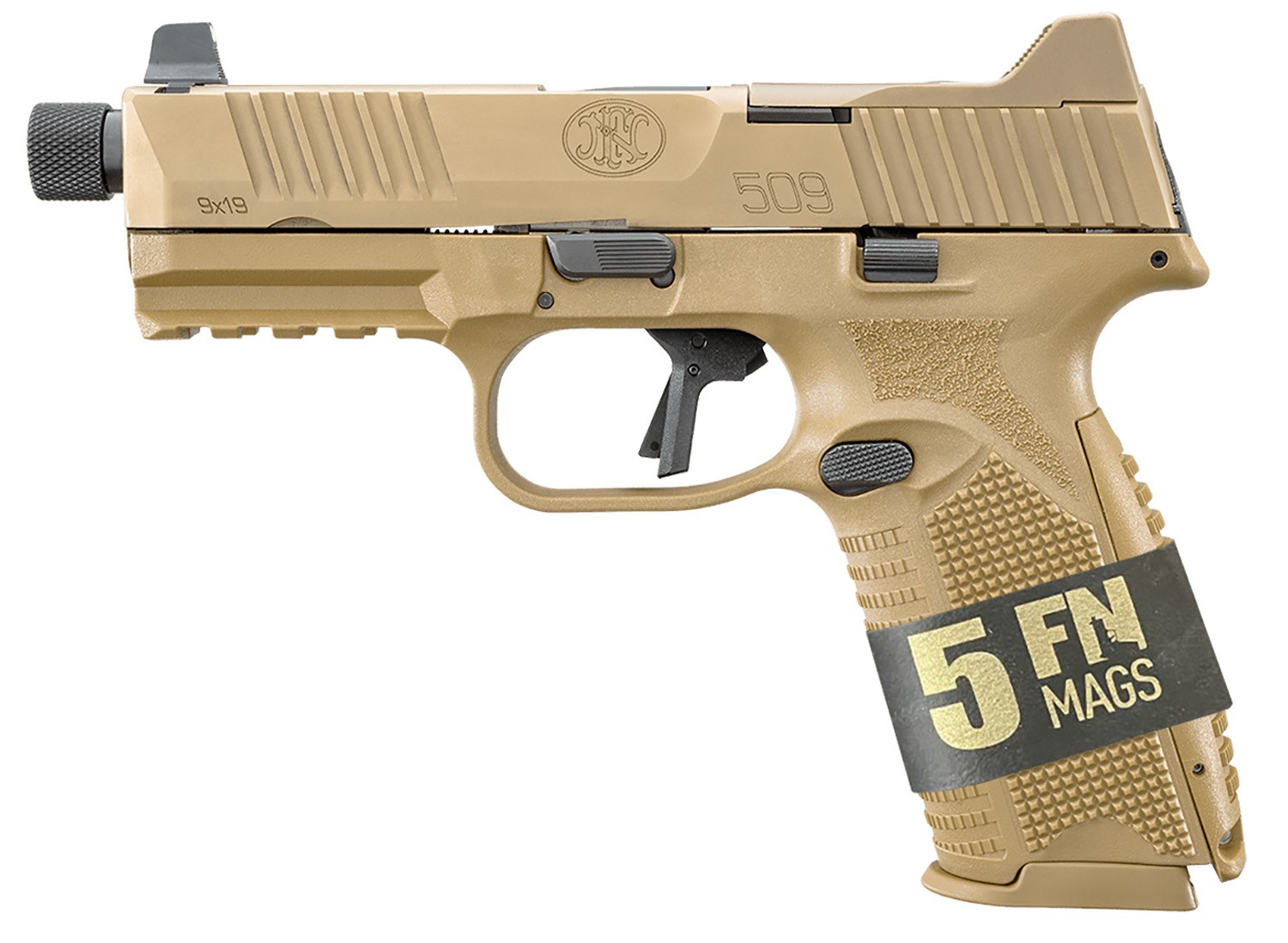 FN 509T, 9MM, BUNDLE, 4.5" FDE, O/R, 4-24RD, 1-17RD, OPTICS READY, THREADED BARREL