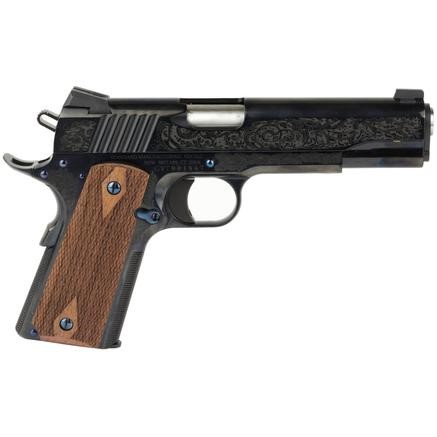 STANDARD 1911, 45ACP, 5" ENGRAVED, BLUE W/STAINLESS BARREL, ROSEWOOD GRIPS, 7RDS
